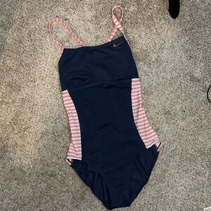 Nike Navy One-Piece Swimsuit with Pink Striped Side Panels